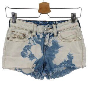 True Religion Women 24 Keira Mid Rise Shorts Blue Bleached Distressed Jean Denim